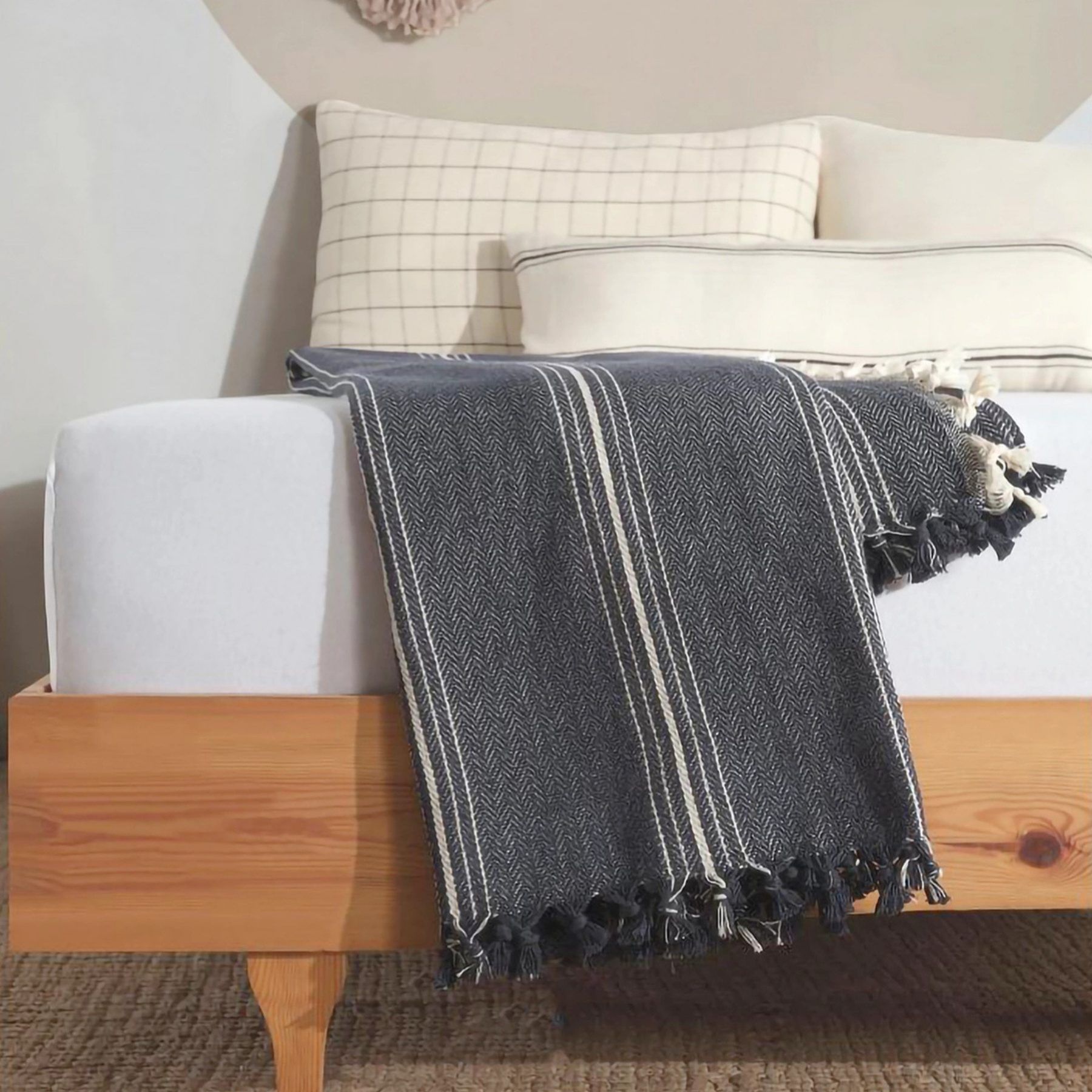 100% Organic Cotton Throw Blanket: Navy Blue with Stripes